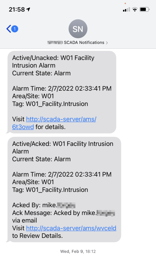 Sample alarm notification text message delivered directly to cell phone